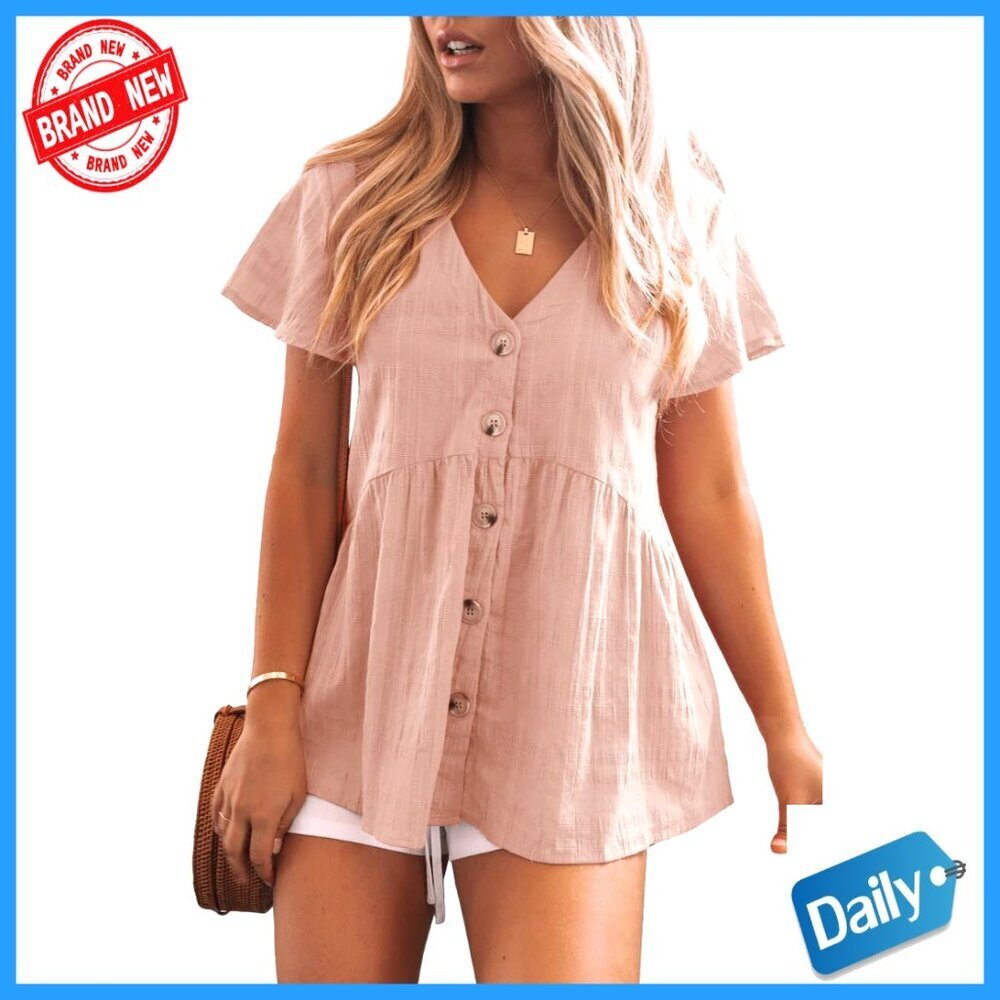 Short Sleeve V-Neck Peplum Blouse Loose Fit Button Down Ruffle Hem